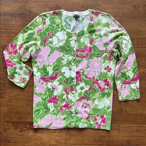 Talbots floral print women’s cardigan quarter length sleeve green pink size S​​